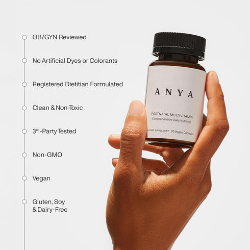 ANYA Postnatal Multivitamin for New Moms’ Recovery & Breastfeeding Support, 30 Count - Vitamins A, C, D3, Zinc, Methyl B12, Biotin, Folate and Iron - 100% Vegan, Non-GMO, Gluten & Dairy Free Capsules