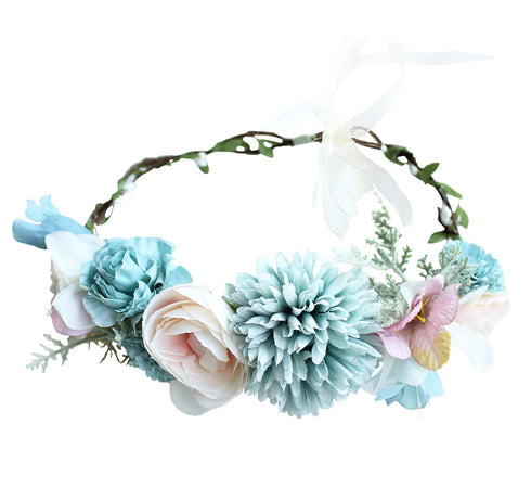 Vivivalue Boho Flower Headband Women Floral Crown Hair Wreath with Ribbon for Wedding Party Festival Photos Blue