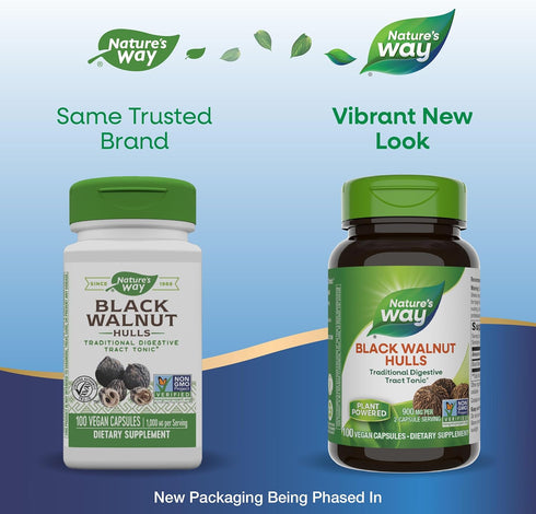 Nature's Way 900 2-Capsule 100 (Packaging (Pack 2) Black Walnut Hulls, Traditional Digestive Tract Tonic*, mg per