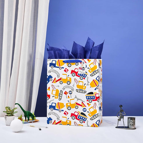 SUNCOLOR 16" Extra Large Gift Bag with Tissue Paper for Boys (Vehicle Design)