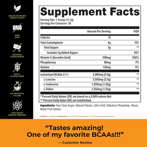 BCAA Natural Plant Based Powder, Orange Coconut Flavor, Vegan BCAA Powder, 30 Servings for Recovery