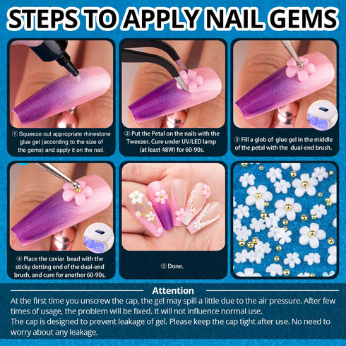 Nail Art Rhinestone Glue Gel & 3D Charms Accessories Kit, Includes 15ml Rhinestone Glue and Dual-End Brush