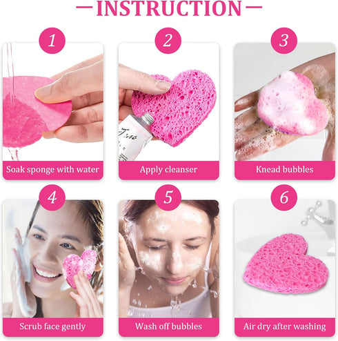 60-Count Kickleen Compressed Cellulose Heart Shape Facial Sponges, 100% Natural Cosmetic Spa Sponges for Cleansing