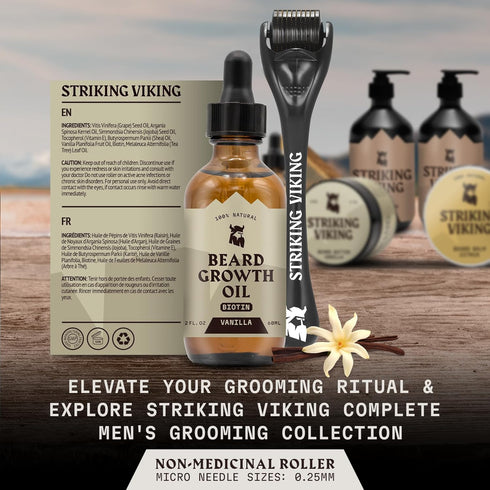 Striking Viking Beard Growth Kit, Beard Growth Oil with Roller for Thickening and Conditioning, Vanilla 2 Fl Oz