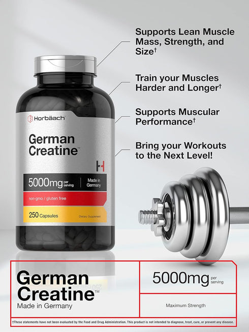 Horbaeach German Creatine Monohydrate 5000mg, 250 Capsules, Non-GMO, Gluten Free Supplement