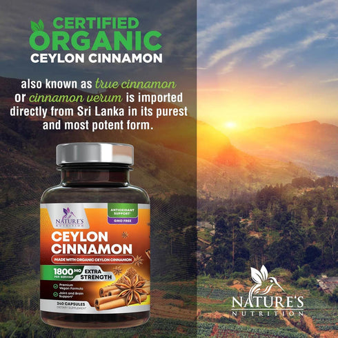 Pure Ceylon Cinnamon Capsules, Certified Organic, Non-GMO, Gluten-Free, Sri Lanka Powder Supplement, Vegan, Sugar Free