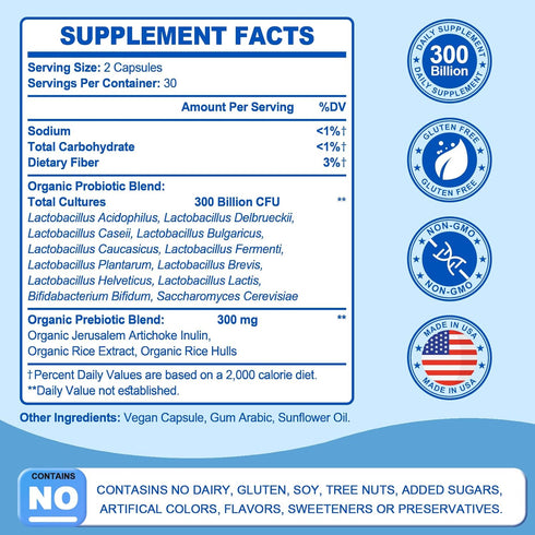 Probiotic 300 Billion CFU - 12 Strains Probiotics with Organic Prebiotics for Digestive & Gut, Immune, Bloating Health - Probiotics for Women and Men - Daily Probiotics Supplement - 60 Counts
