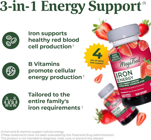 MegaFood Iron Energy Gummies, Vegan & Gluten-Free Iron Supplement with Vitamin B12 & B6, 60 Gummies