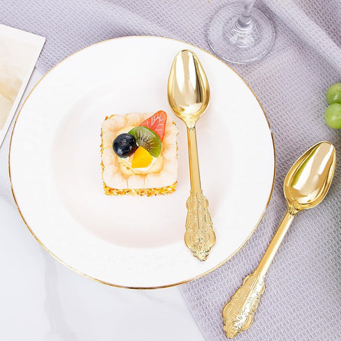 WDF 100 Piece Gold Plastic Spoons, 6.93 Inch Heavy Duty Disposable Silverware for Dessert Cake, Party or Daily Use