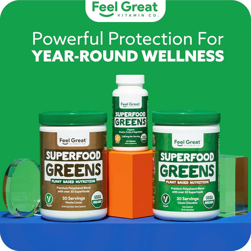 Feel Great Vitamins Super Greens Tablets, Organic Supplement with Kale, 60 Tablets