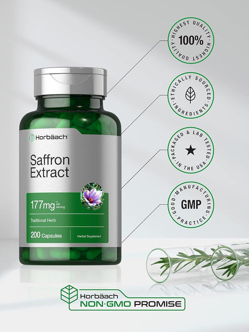 Horbaach Saffron Extract Capsules, 177 mg, 200 Count, Non-GMO, Gluten Free Supplement