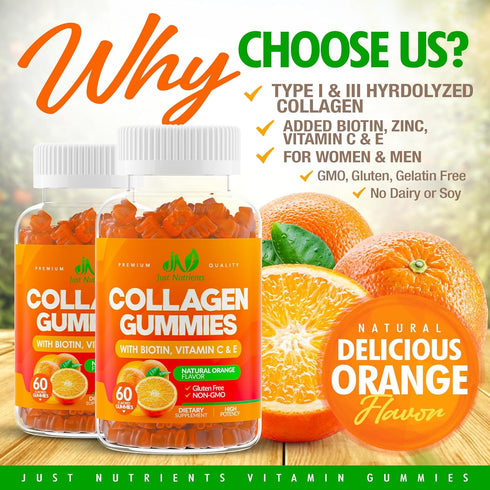 Collagen Peptides Gummies with Biotin, Vitamin C & E for Women & Men - Hair, Skin, Nails & Joints - Gluten-Free, Non-GMO - 60 Gummies
