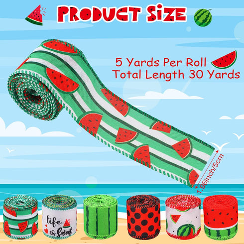 6 Roll 30 Yard Watermelon Wired Edge Ribbon Summer Wired Ribbon Watermelon Print Ribbons DIY Stripe Burlap Fruit Ribbon Roll Gift Wrapping Ribbon for Wreath Craft Baby Shower Party Decoration by Yingzhao