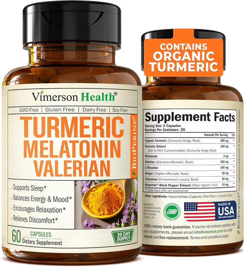 Turmeric, Melatonin & Valerian Root Sleep Aid Supplement - Natural Sleep Aid with L-Theanine, Ginger & Black Pepper