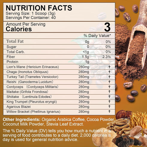 Mushroom Coffee - Lions Mane Mushroom Powder Instant Coffee with Lion's Mane, Reishi, Chaga, Cordyceps, and Turkey Tail