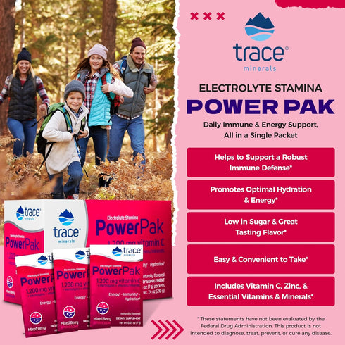 Trace Minerals Power Pak Electrolyte Powder Packets, 1200 mg Vitamin C, Zinc, Magnesium, Mixed Berry, 30 Packets