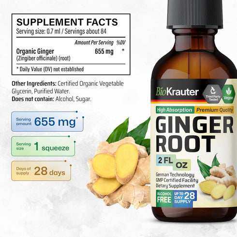 Ginger Root Tincture - Organic Ginger Root Extract - Natural Supplements for Overall Wellness - Vegan Drops 2 Fl.Oz.