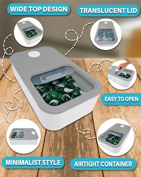Skywin Laundry Pod Container Holder - Push-Open White with Grey Lid - Holds 11 Pounds, Fits 2 Bottles of Detergent