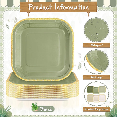 Tiangrid 120 7 Inch 6 Pcs Sage Green Paper Plates Gradient Disposable Square Dessert Party Plates with Gold Edge