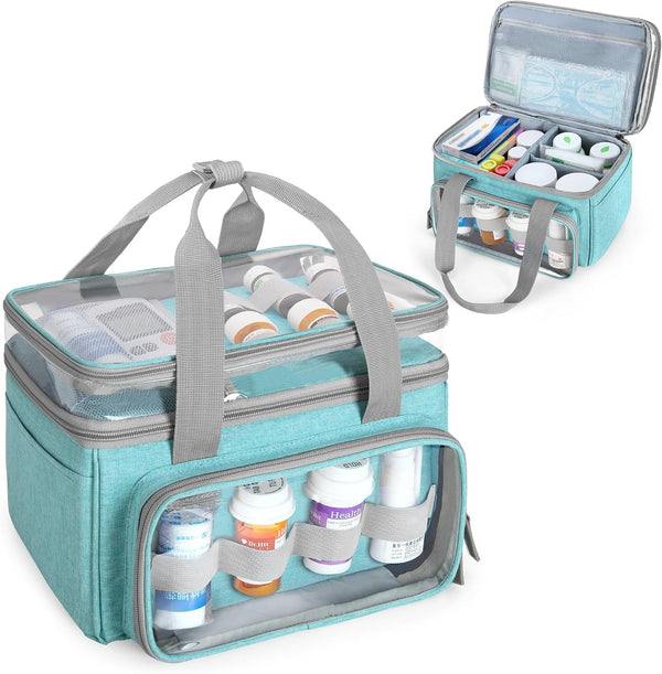 LUXJA Double-Layer Medicine Bag with Transparent Compartment, Pill Bottle Organizer with Detachable