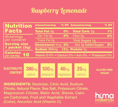 HUMA CHIA Hydration Drink Mix - Raspberry Lemonade 15 Packets - Low Calorie, High Electrolyte Powder for Sports