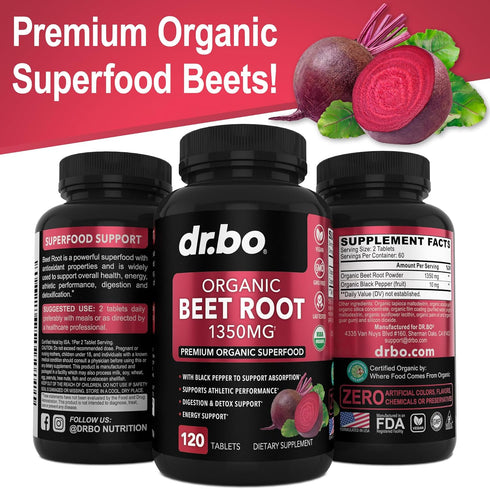 Organic Beet Root Capsules - 1350mg Beetroot Powder Extract Pills, High Circulation Beet Vitamins Support - 120 Tablets