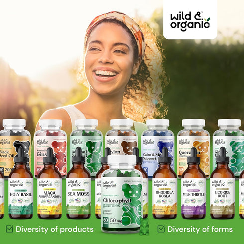 Wild & Organic Chlorophyll Gummies 50mg, Detox Cleanse Supplements with Sodium Copper Chlorophyllin, 60 Herbal Chews