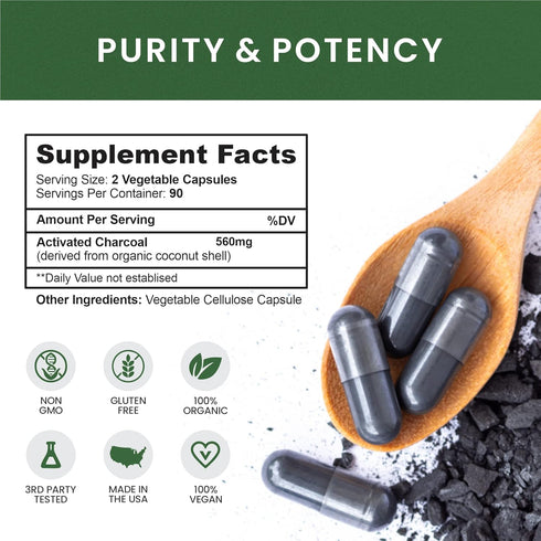 Pure Coconut Activated Charcoal Capsules, 180 Charcoal Pills for Teeth Whitening, Bloating, Body Cleansing, Vegan