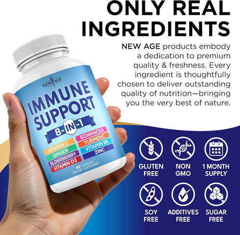 NEW AGE 8 in 1 Immune Support Booster Supplement, Echinacea, Vitamin C, Zinc, Vitamin D, Turmeric, Elderberry, 120 Count