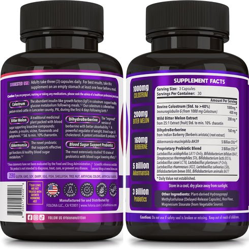 Immunity 90 Blood Sugar Support Colostrum Supplement w/ Bitter Melon, Probiotics Blend w/ Akkermansia & Prebiotic