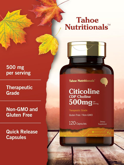 Citicoline 500mg, 120 Capsules - CDP Choline Supplements, Therapeutic Grade, Gluten Free & Non-GMO