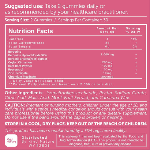 Kind Nature 1000mg Berberine Gummies, Sugar Free with Ceylon Cinnamon & Beet Root - Non GMO, 3rd Party Tested