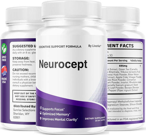 LIVORKA (3 Pack) 180 3 Neurocept Brain Supplement Capsules - Official Neuro cept Brain & Memory Focus Support Advanced