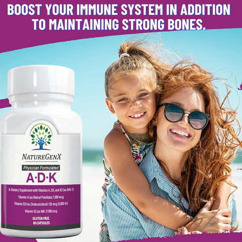 ADK Vitamin Supplement 5000 IU - High Potency Vitamins A, D3, K2 for Bone Health & Calcium Absorption, 60 Capsules