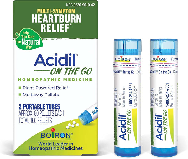 Boiron Acidil On The Go, Relief of Acid Reflux, Heartburn, Indigestion, Bloating - 2 Count (160 Pellets)