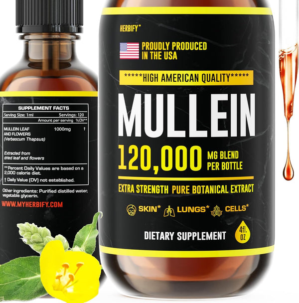HERBIFY Mullein Drops - Lung Cleanse Leaf Extract for Immune Support, Detox & Respiratory Support - 4 Oz