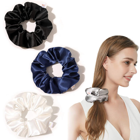 Ivyu 4 Pack Silk Scrunchies for Girls Women, Cute Hair Accessories Ponytail Holder in White, Black, Navy, Gray