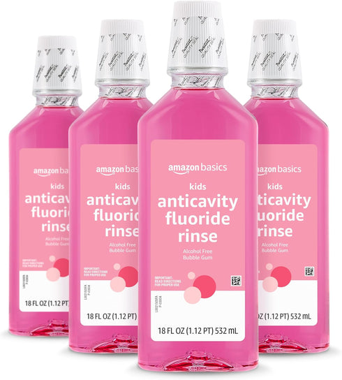Amazon Basics Kids Anticavity Fluoride Rinse, Alcohol Free, Bubble Gum, 18 Fl Oz, Pack of 4