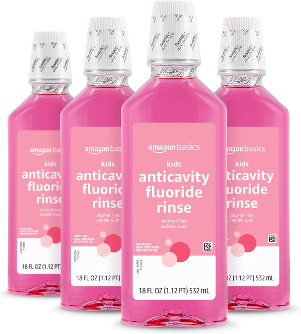 Amazon Basics Kids Anticavity Fluoride Rinse, Alcohol Free, Bubble Gum, 18 Fl Oz, Pack of 4