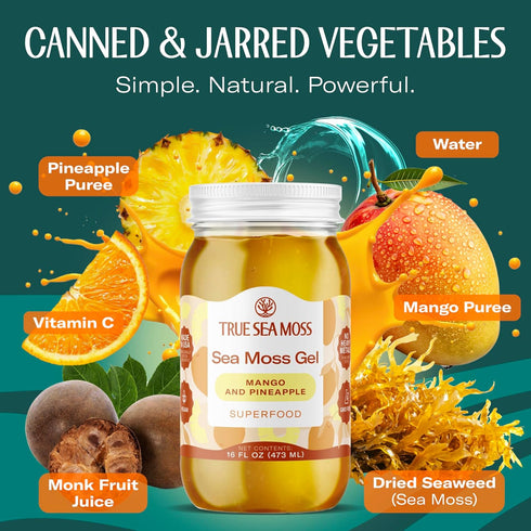 Pack 1 TrueSeaMoss Sea Moss Gel Made in USA Wildcrafted Seamoss, Fruits & Jarred Vegetables Mango/Pineapple, of (Labels