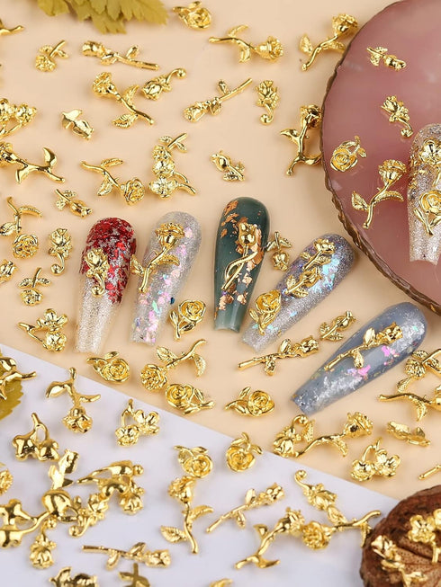 TOROKOM 120 PCS 3D Gold Rose Nail Art Charms - Romantic Flowers Nails Decorations Alloy Nail Charms for Girls Women DIY