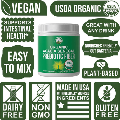 Organic Acacia Senegal Prebiotic Fiber Powder, Unflavored USDA Organic Plant Based Supplement for Gut Health