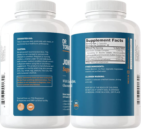 Dr. Tobias Joint Support Supplement, 240 Capsules, with Glucosamine Chondroitin MSM for Joint Health