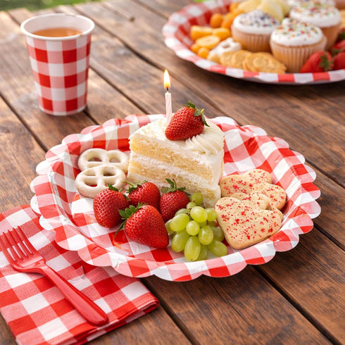 sunepany 50 9 Inch, Pcs Red Paper Plates Gingham Scalloped Disposable Plates for Party Christmas Birthday BBQ
