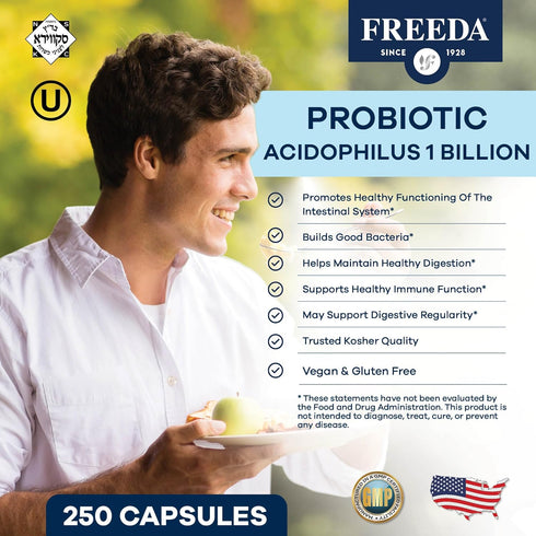 FREEDA Acidophilus Probiotic 1 Billion CFU, Lactobacillus Probiotics for Women & Men, Gut Health Supplements (250