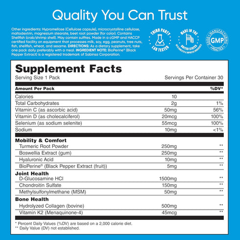 Mobility & Bone Support Daily Multivitamin Supplement - Joint Care, Vitamin D, C, K2, Collagen, Turmeric, 30 Pack