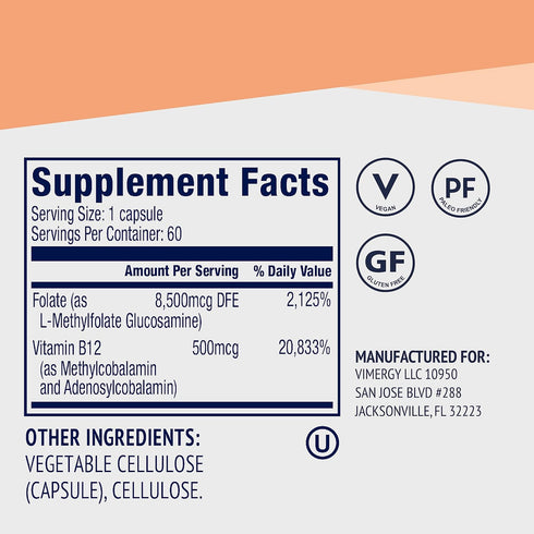 Vimergy 5-MTHF Capsules - Supports Brain & Cardiovascular Health, Promotes Energy Production, Kosher, Vegan, Gluten-Free