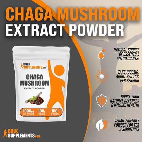BulkSupplements.com Chaga Mushroom Extract Powder - Vegan & Gluten Free Supplement, 1000mg per Serving, 100g
