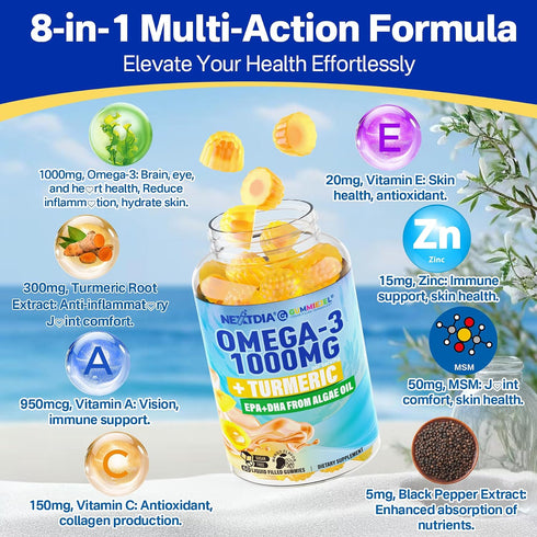 Omega-3 Gummies 1000mg 3 600mg 300mg, 60 Vegan + Turmeric - Omega Fish Oil Alternative for Adults - Algae DHA & EPA