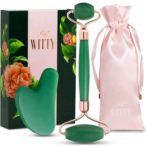 WITTY Jade Face Roller and Gua Sha Set - Beauty Massage Tools in Hand-Drawn Giftbox, Extra Pouch